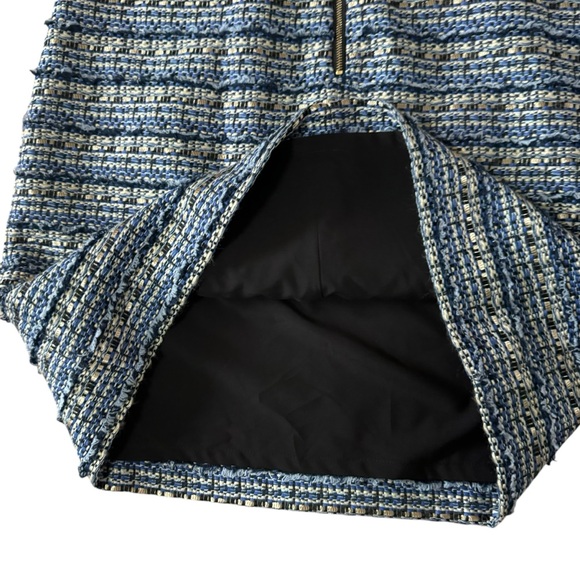 Tyler Boe Tweed High Neck Sleeveless Sheath Dress Fringe Blue Gold Size 8 - Picture 7 of 9